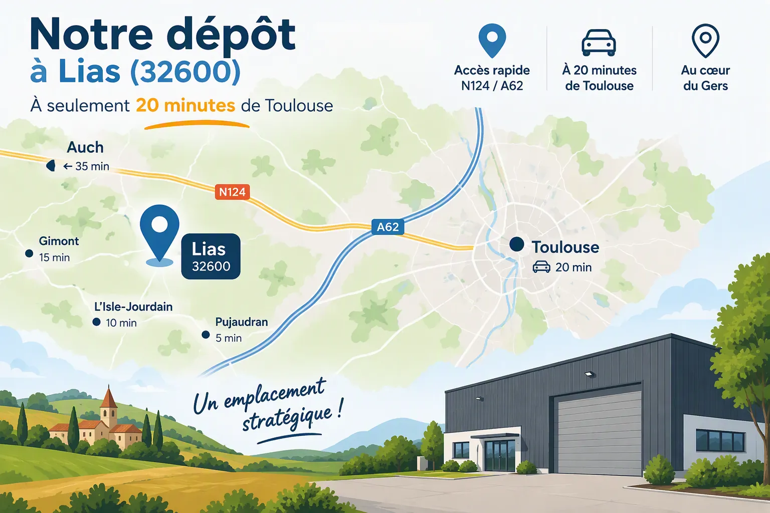 Plan d'accès au dépôt OC Évènement à Lias (32600), à 20 minutes de Toulouse